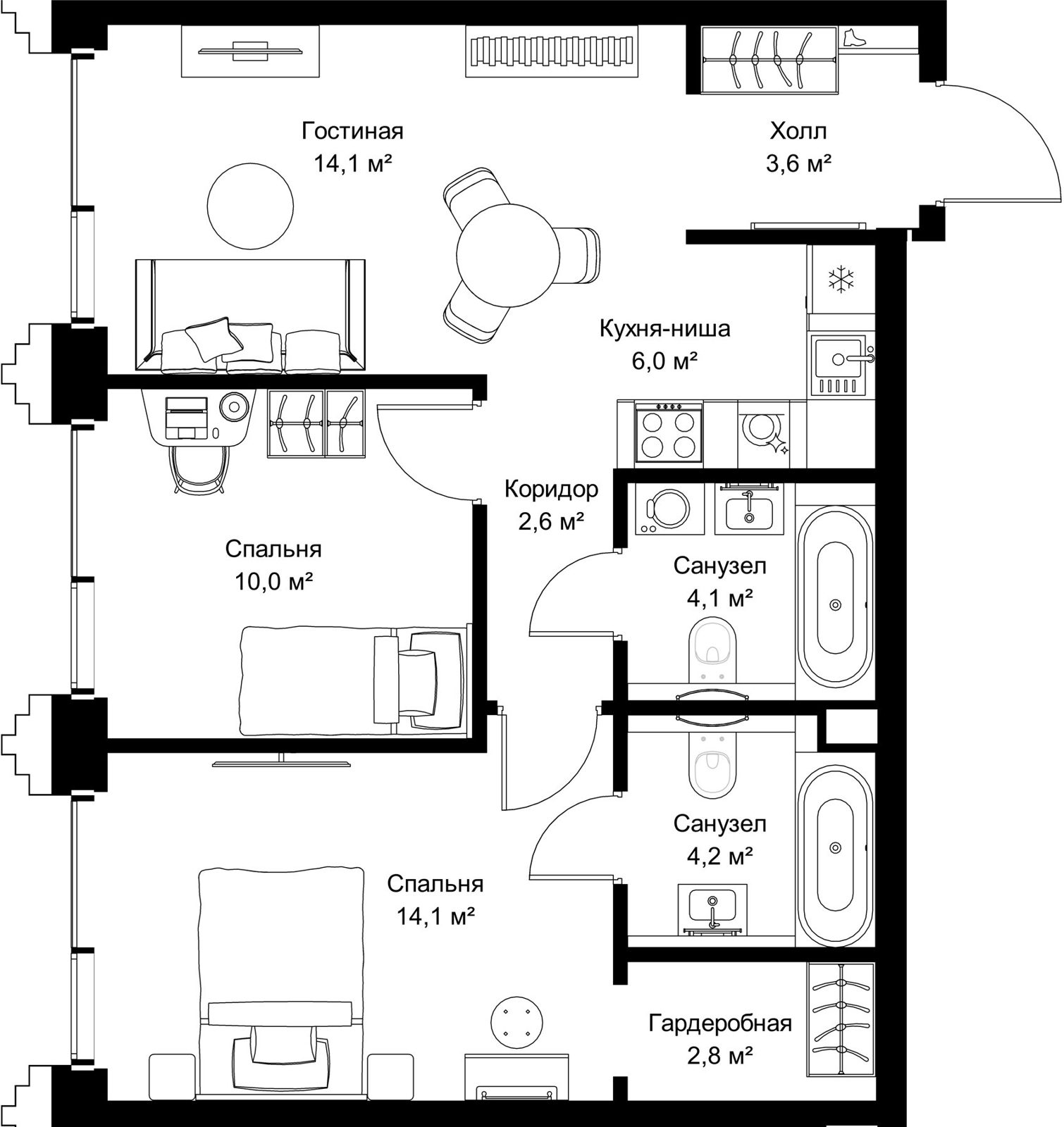 2-комнатная квартира, 61,5 м²