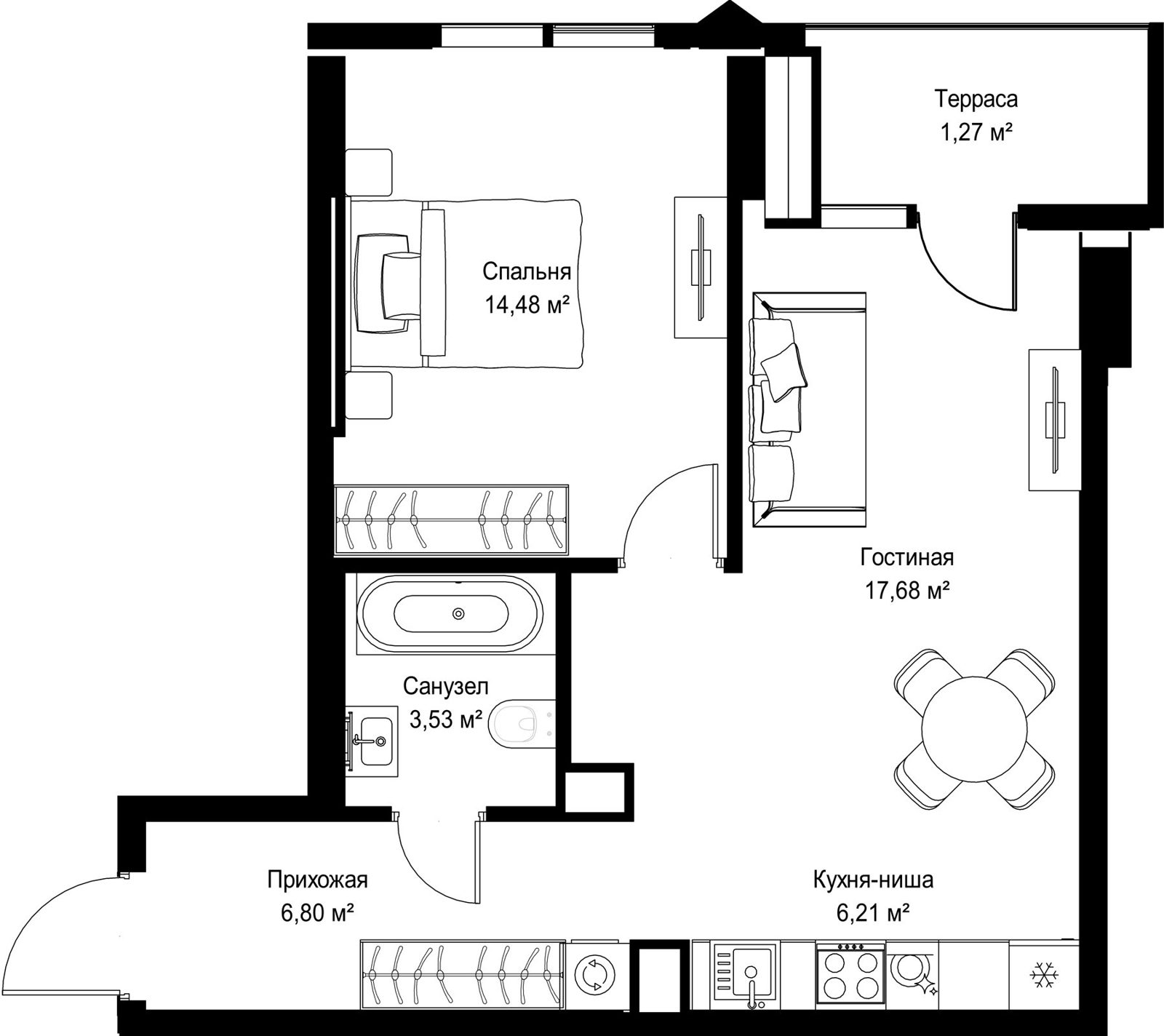 1-комнатная квартира, 50 м²