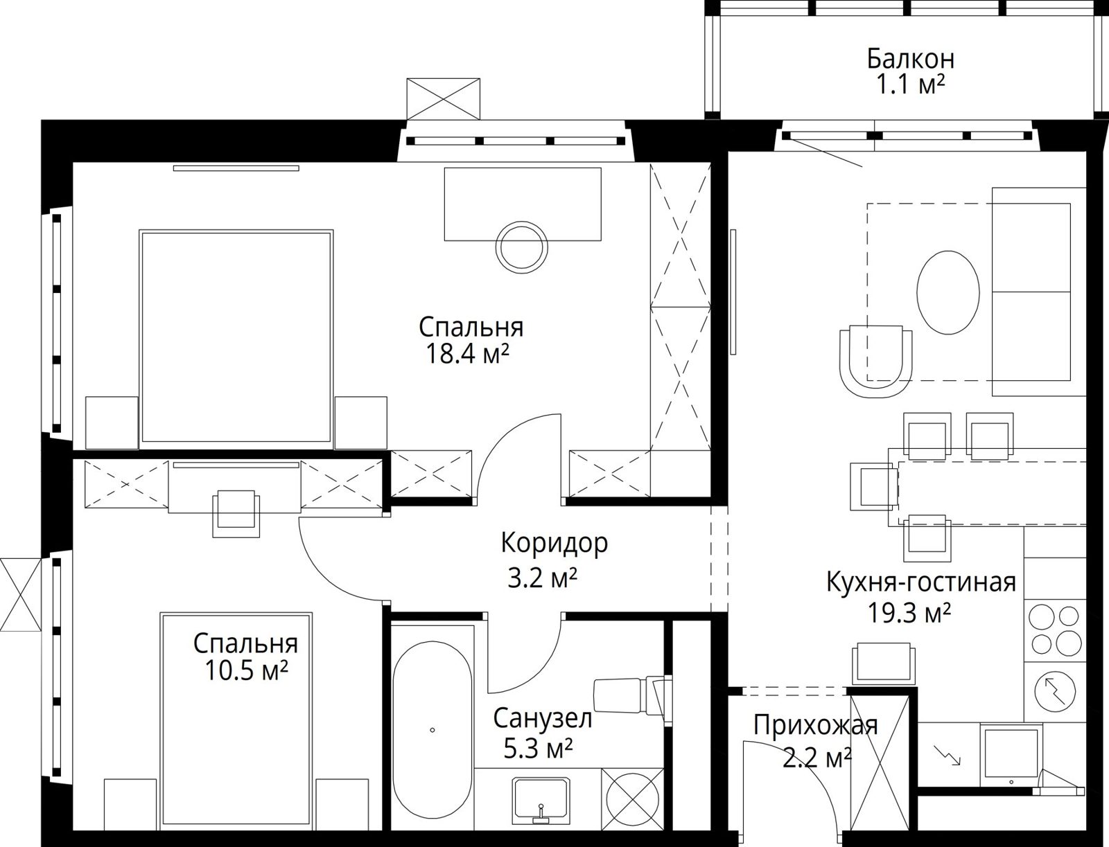 2-комнатная квартира, 60 м²