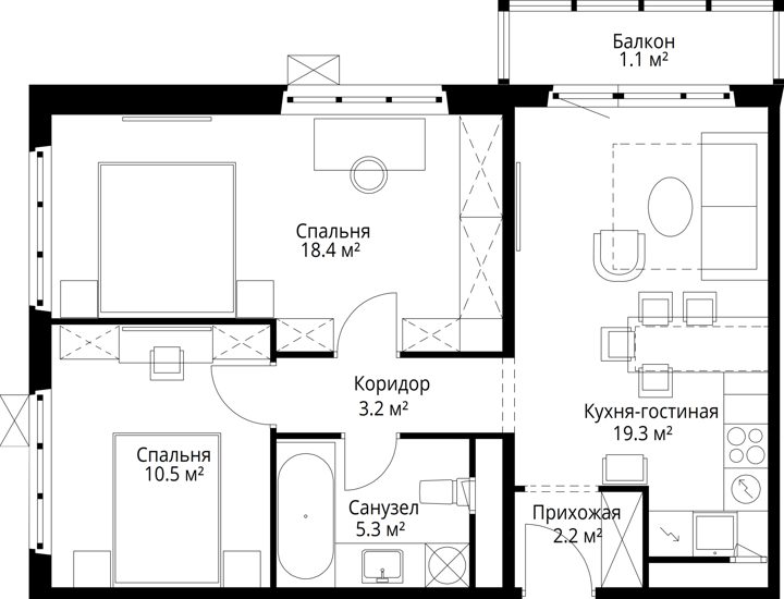 2-комнатная квартира, 60 м² — фото 1