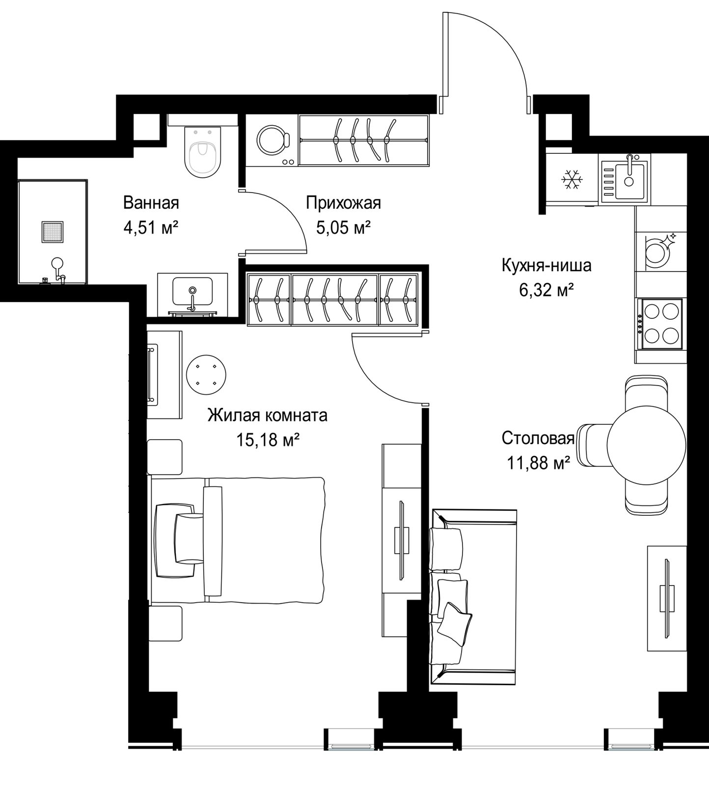 1-комнатная квартира, 42,9 м²