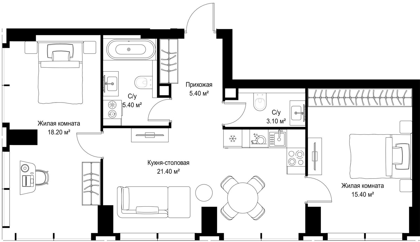 2-комнатная квартира, 68,9 м²