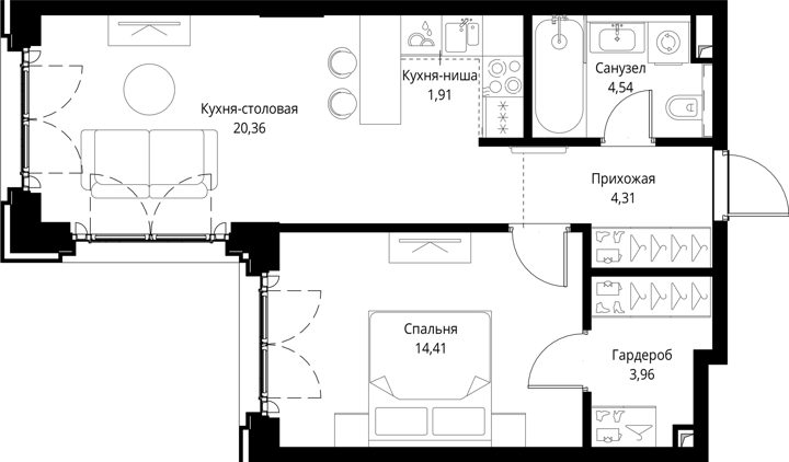 1-комнатная квартира, 49,5 м² — фото 1