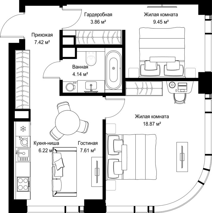 2-комнатная квартира, 57,6 м²