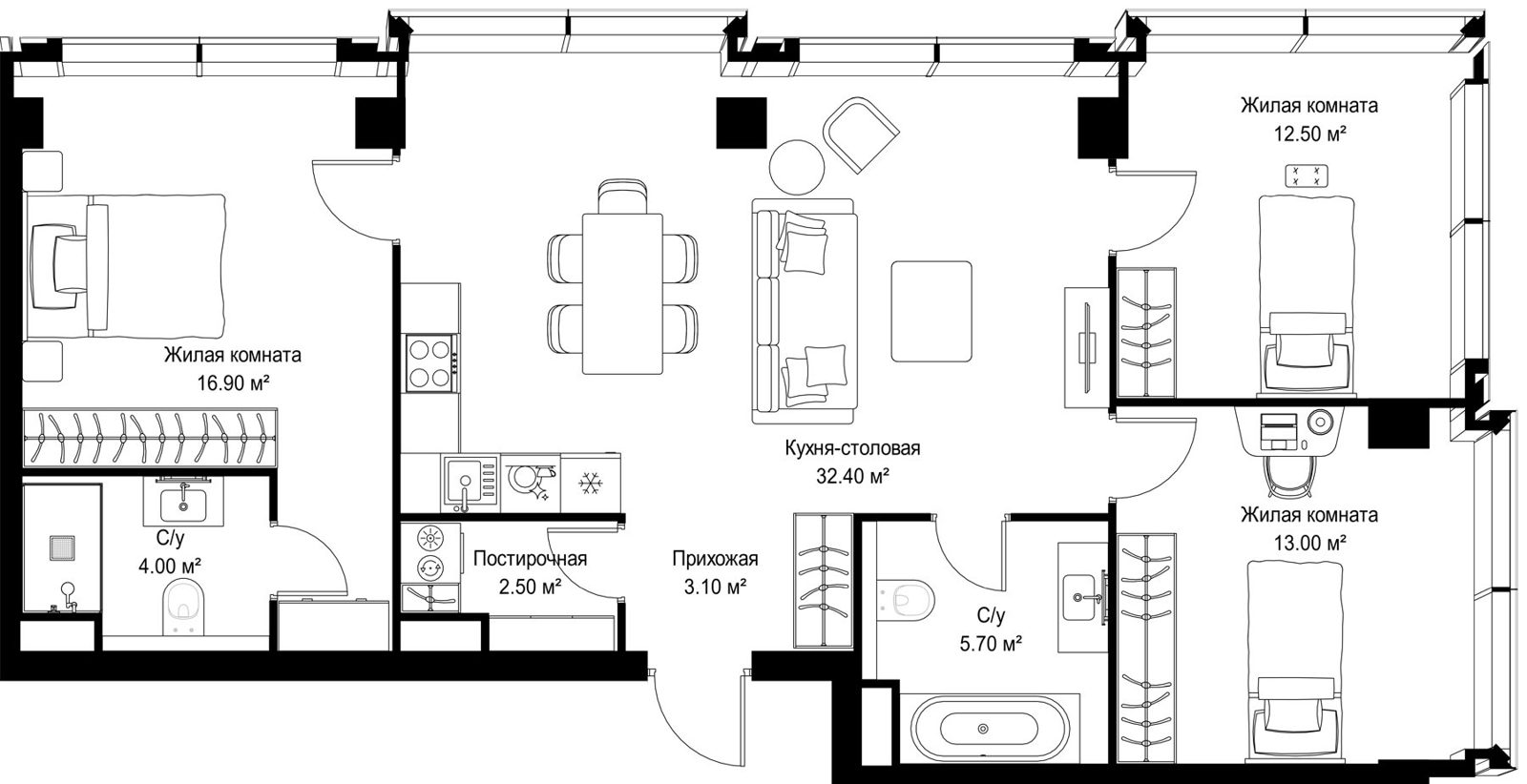 3-комнатная квартира, 90,1 м²