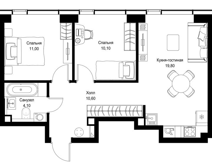 2-комнатная квартира, 55,6 м² — фото 1