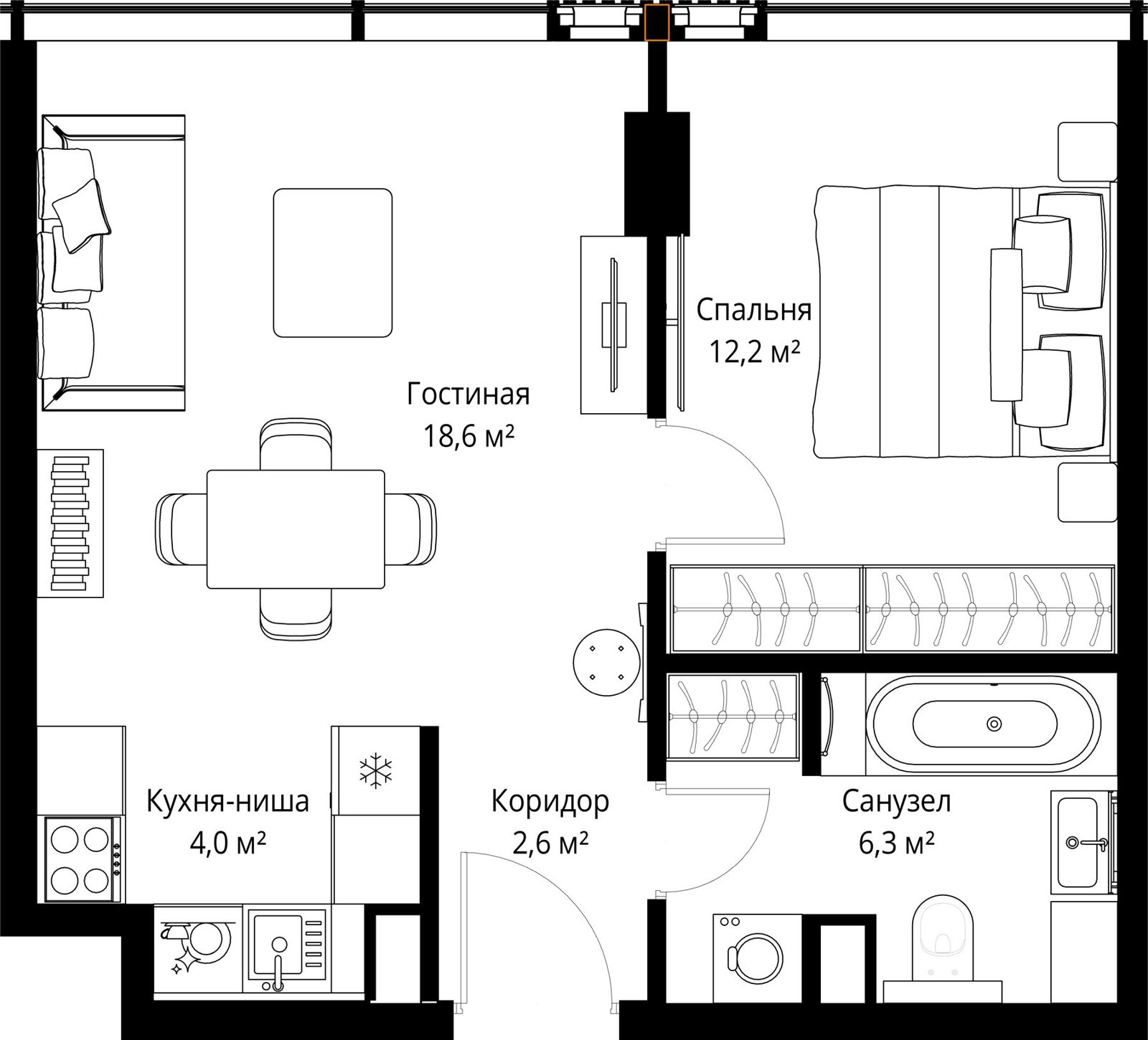 1-комнатная квартира, 43,7 м²