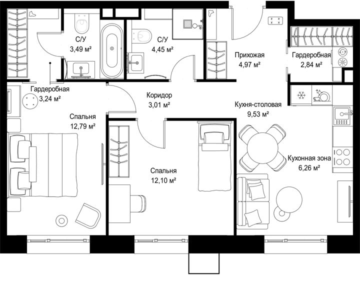 2-комнатная квартира, 62,7 м² — фото 1