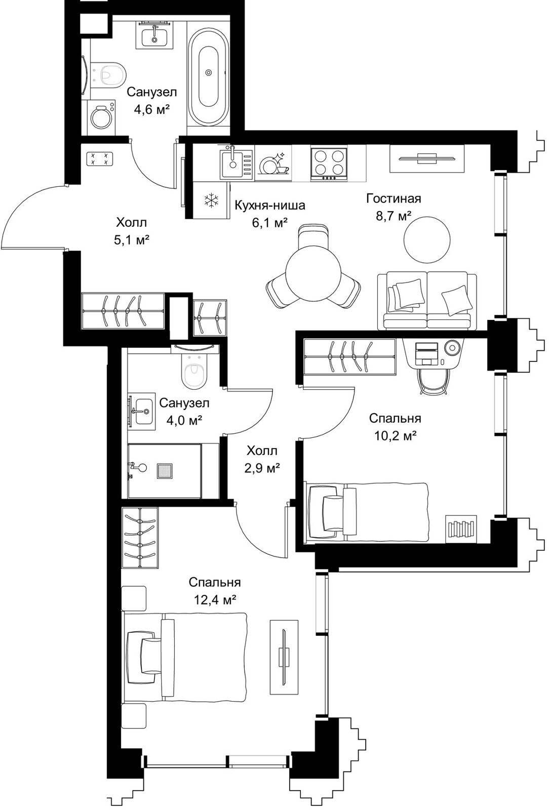 2-комнатная квартира, 54 м²