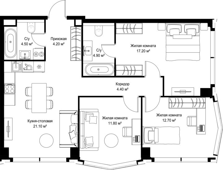 3-комнатная квартира, 80,8 м²