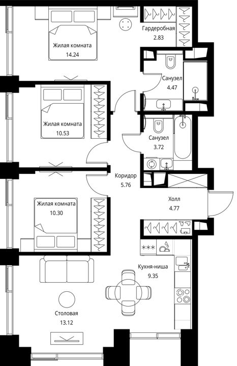 3-комнатная квартира, 79,1 м² — фото 1