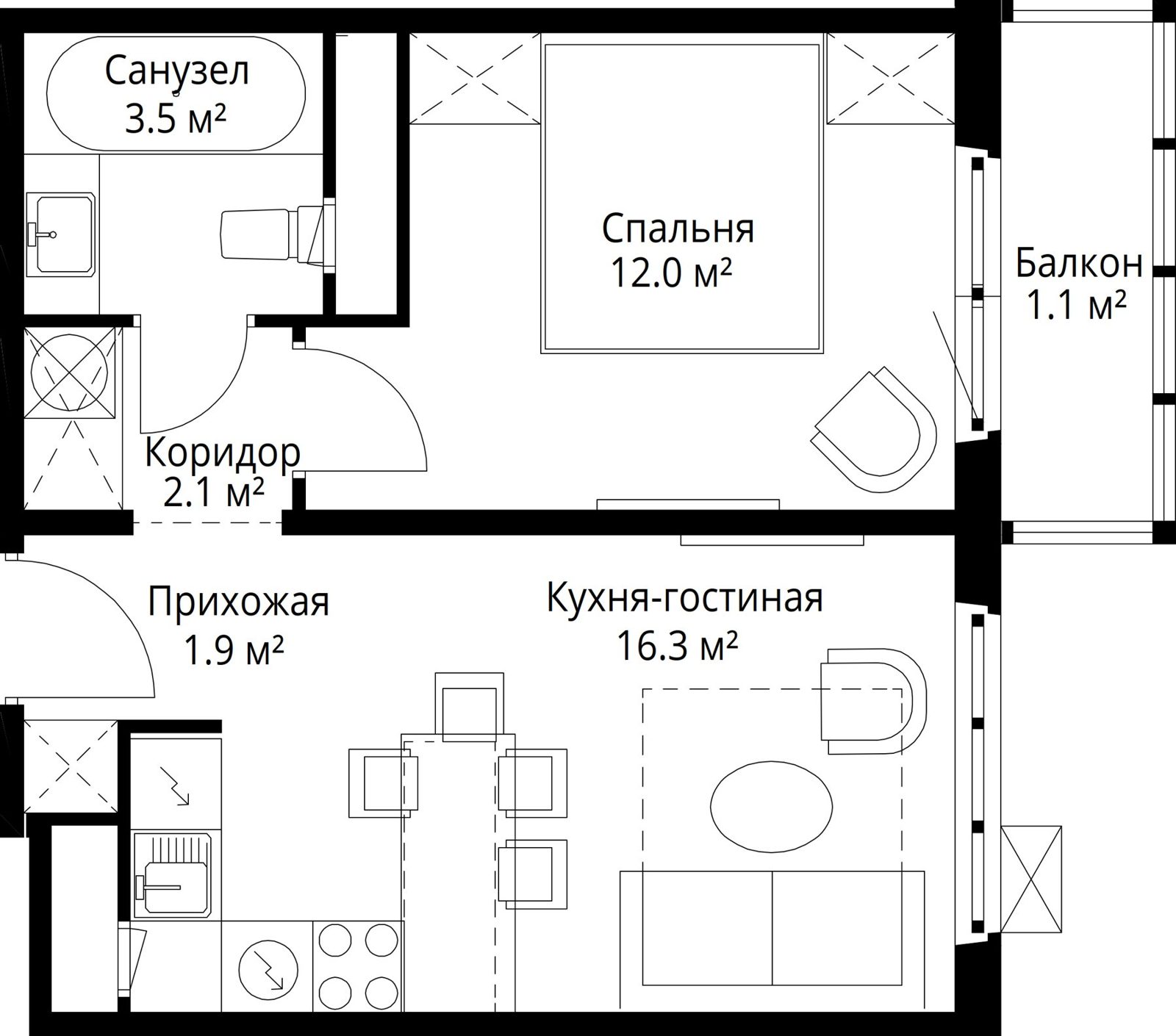1-комнатная квартира, 36,9 м²