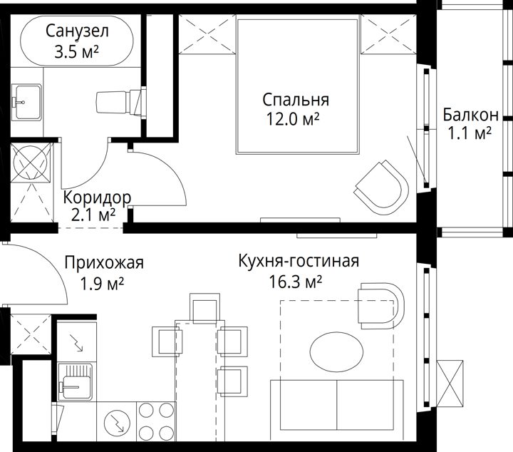 1-комнатная квартира, 36,9 м² — фото 1