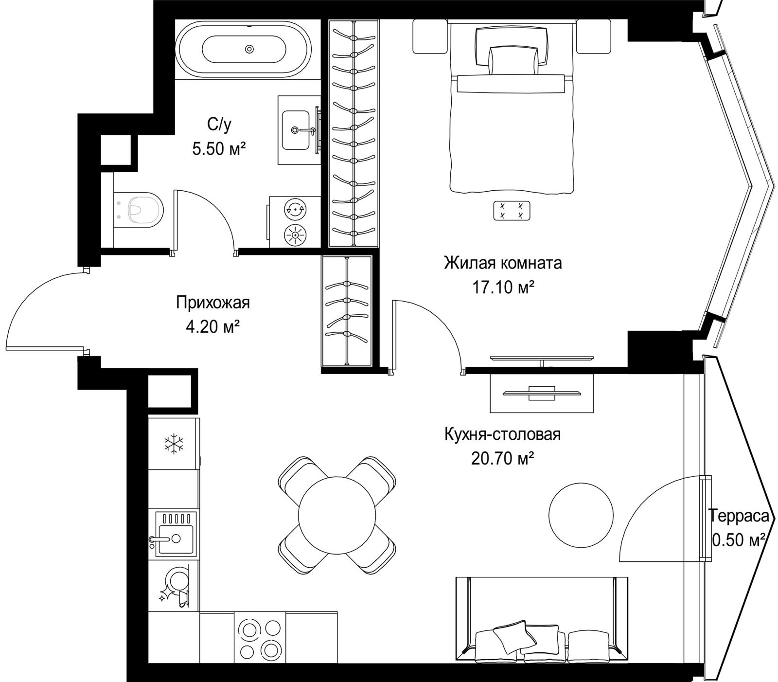1-комнатная квартира, 48 м²
