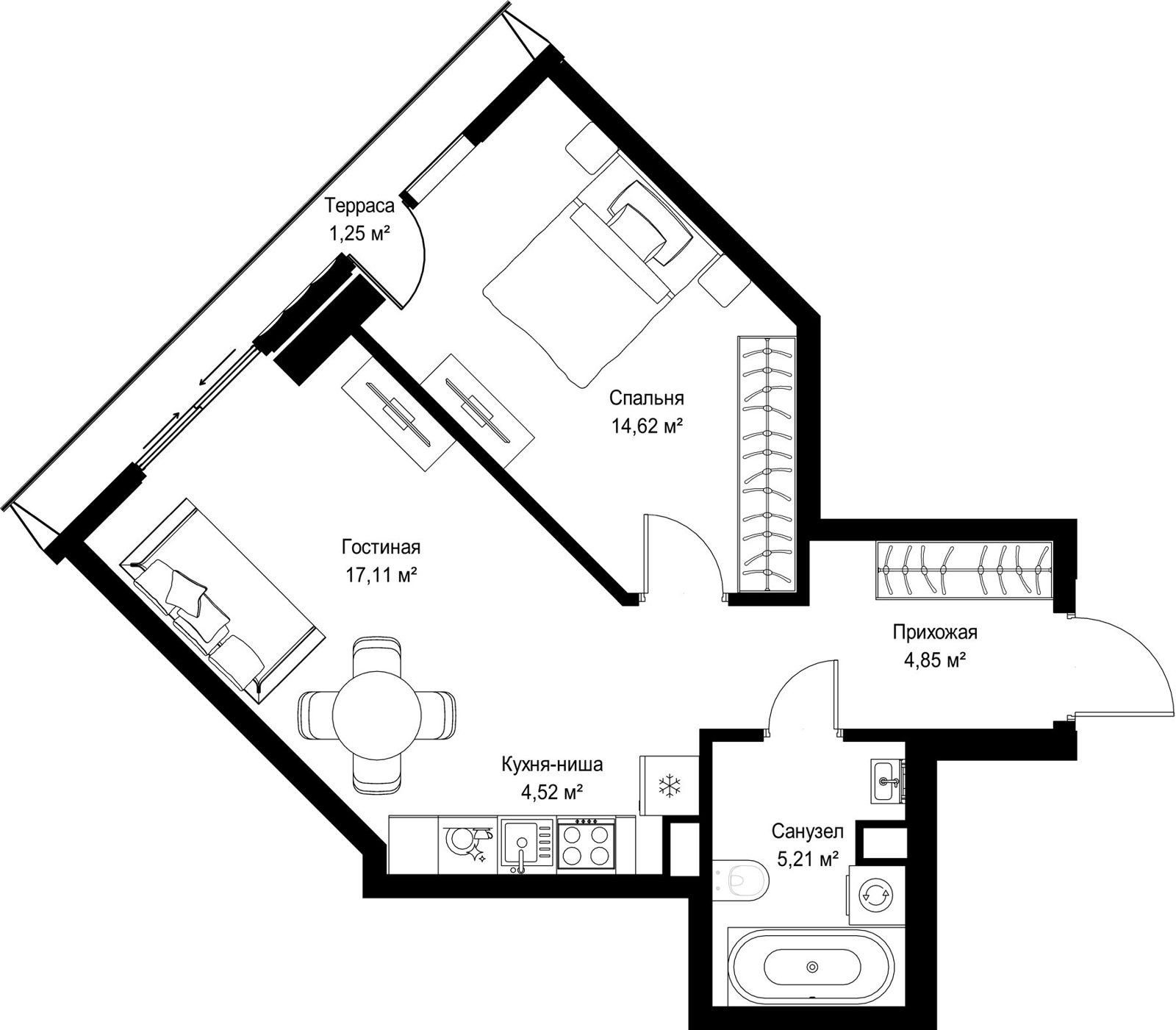 1-комнатная квартира, 47,6 м²