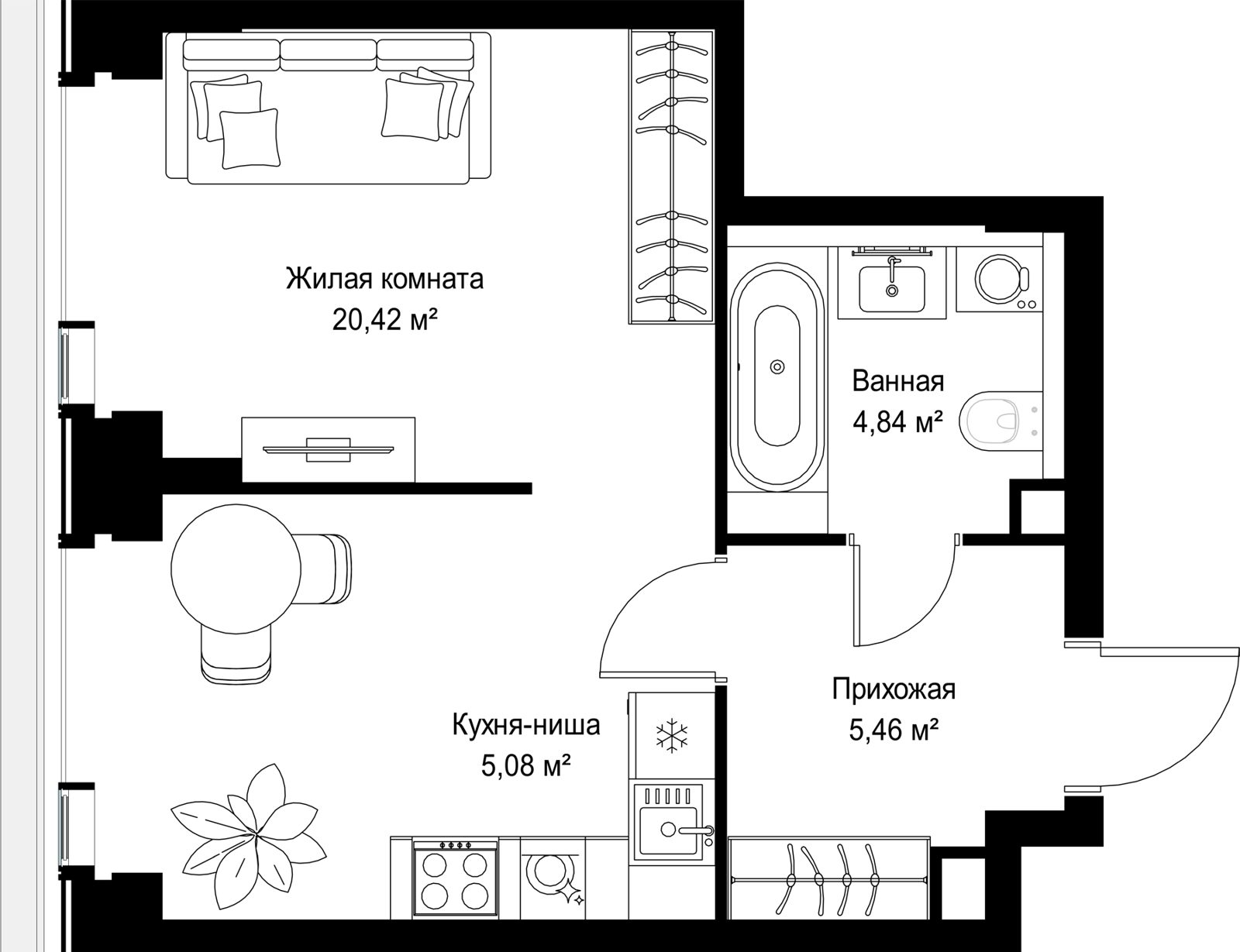 1-комнатная квартира, 35,8 м²