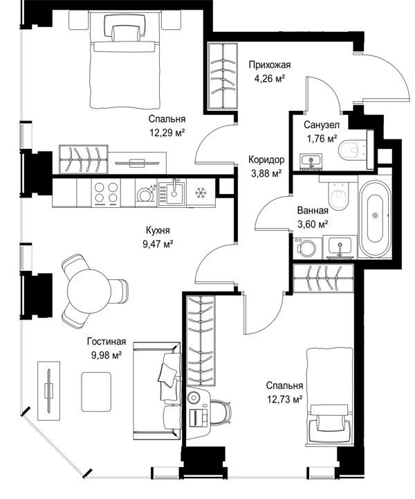 2-комнатная квартира, 58 м² — фото 2
