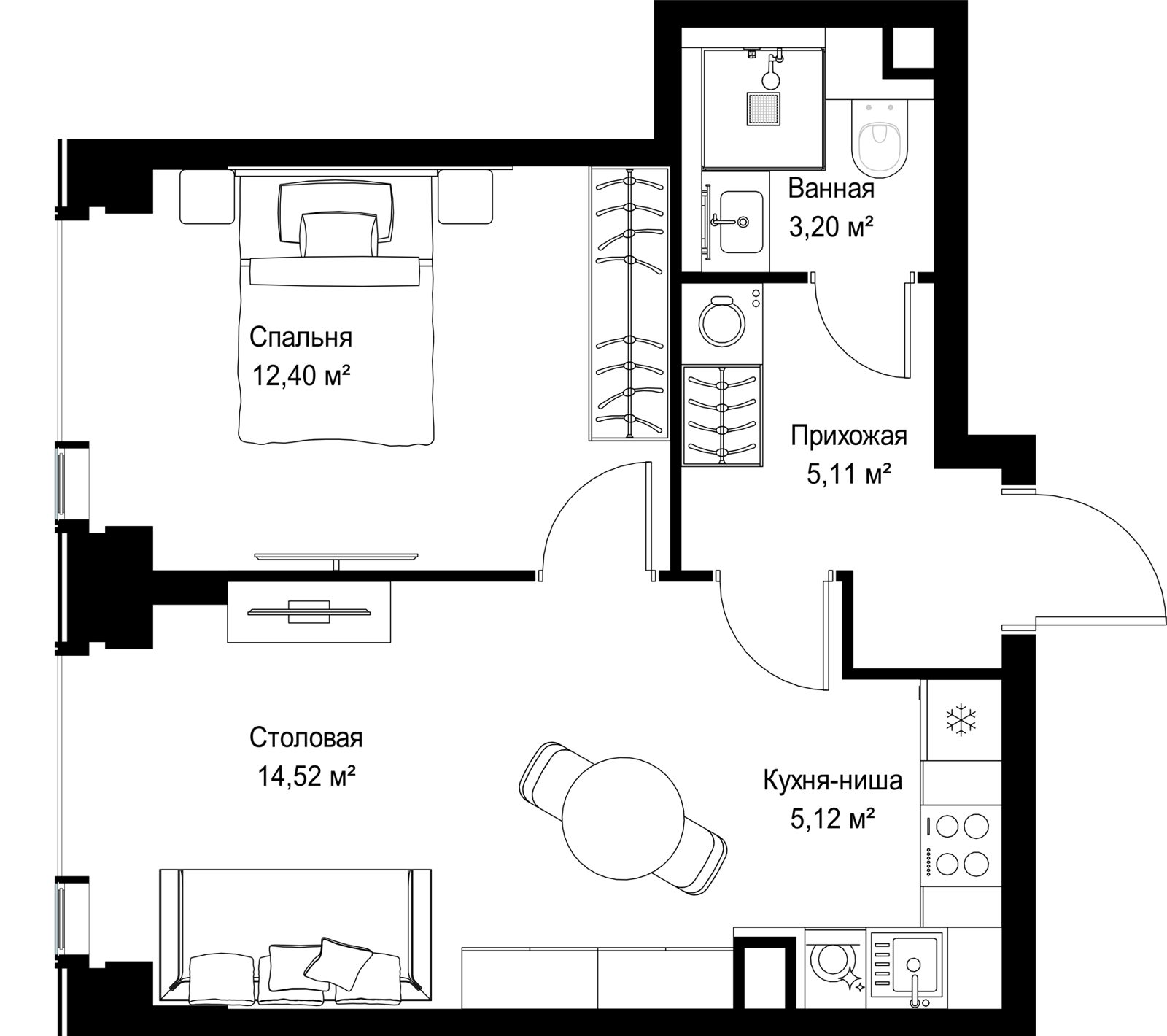 1-комнатная квартира, 40,4 м² — фото 2
