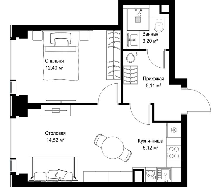 1-комнатная квартира, 40,4 м² — фото 2