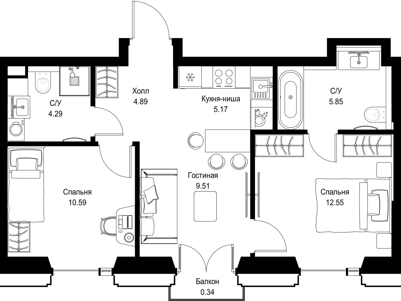 2-комнатная квартира, 53,2 м²