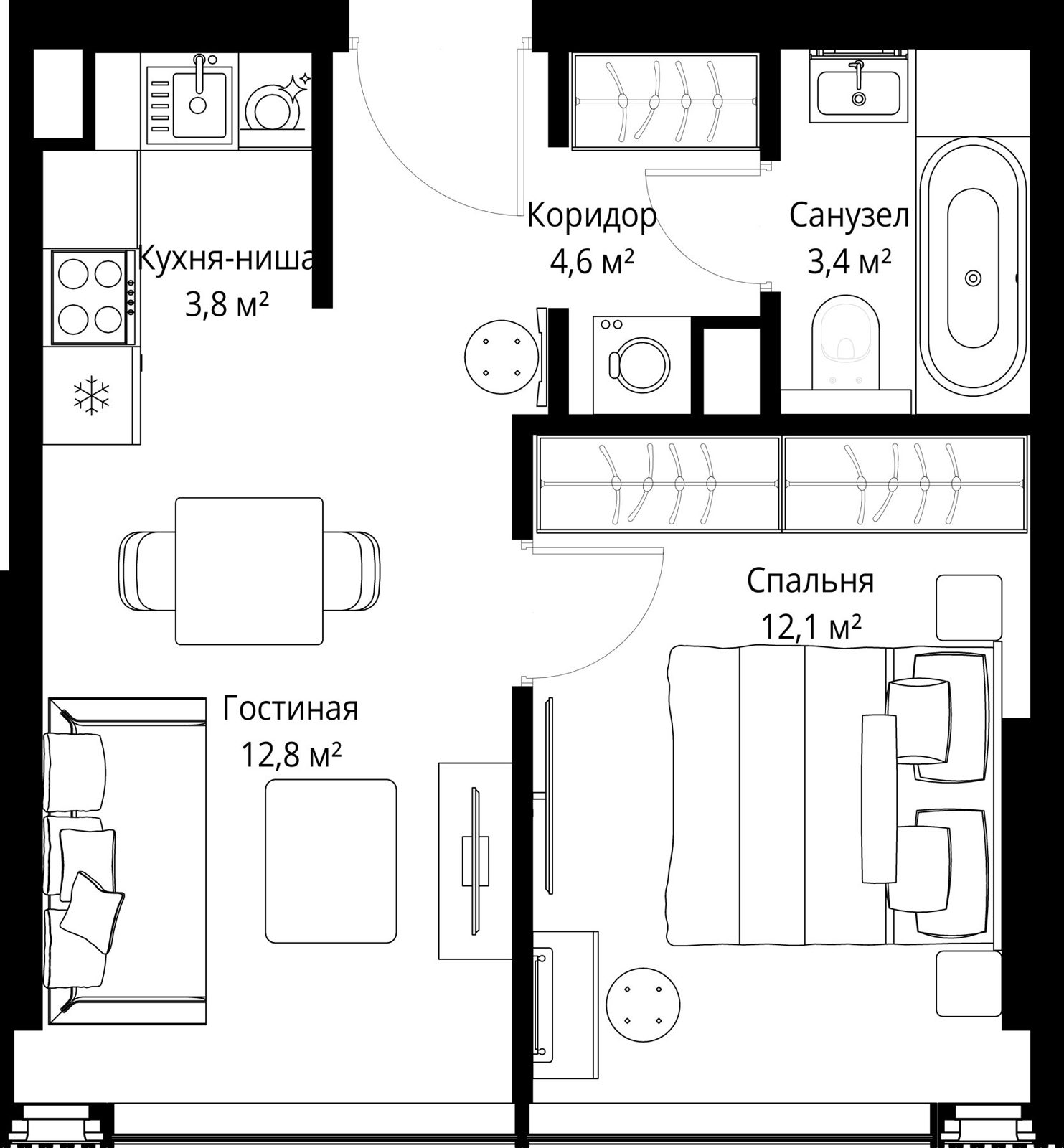 1-комнатная квартира, 36,7 м²