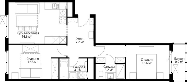 2-комнатная квартира, 58 м² — фото 1
