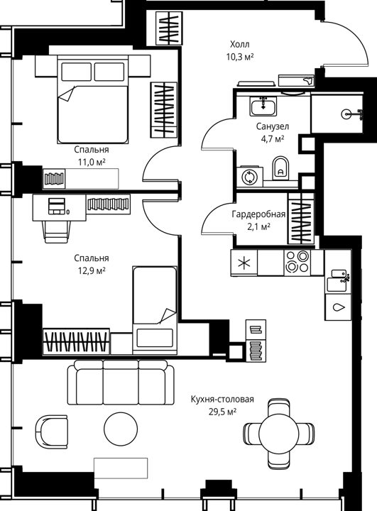 2-комнатная квартира, 70,5 м²