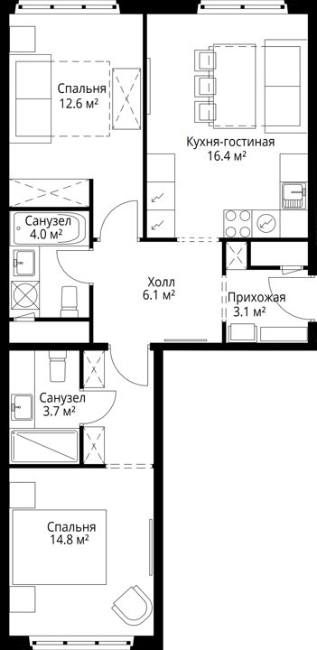 2-комнатная квартира, 60,7 м² — фото 1