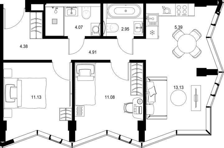 2-комнатная квартира, 57 м²