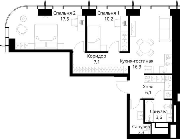 2-комнатная квартира, 64,1 м² — фото 1