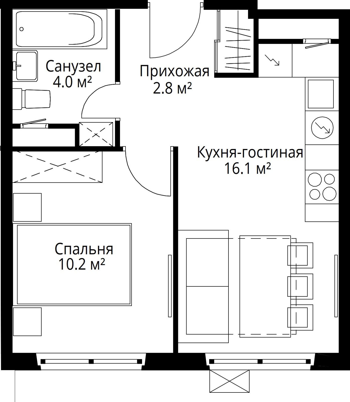 1-комнатная квартира, 33,1 м²