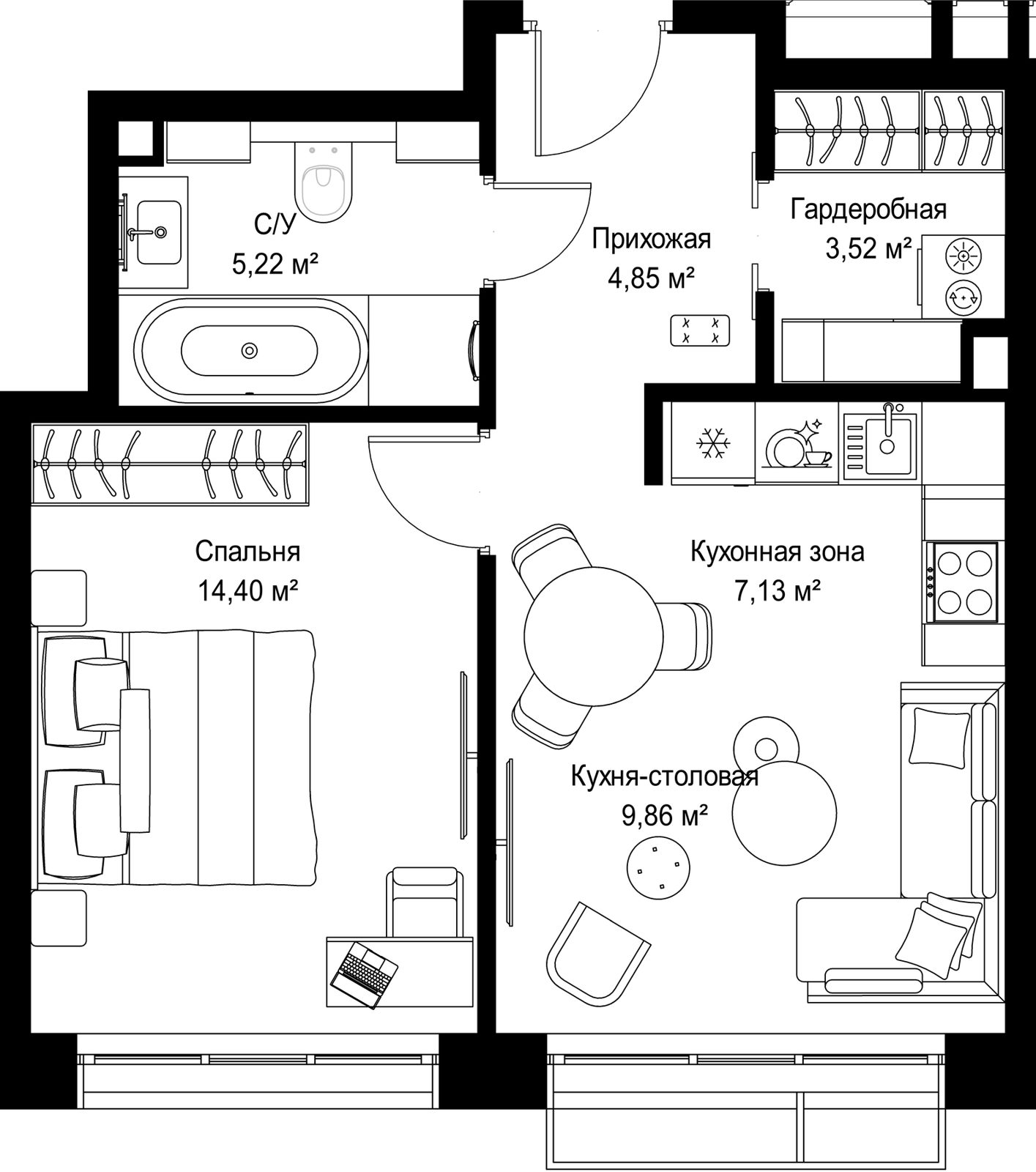 1-комнатная квартира, 45 м²