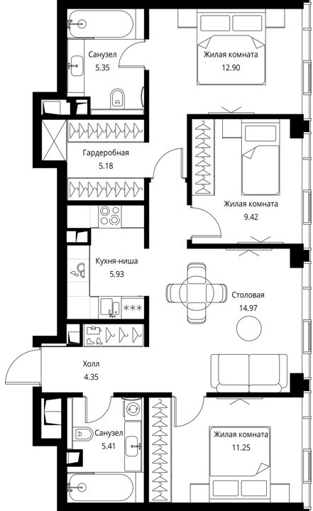 3-комнатная квартира, 76,5 м² — фото 1