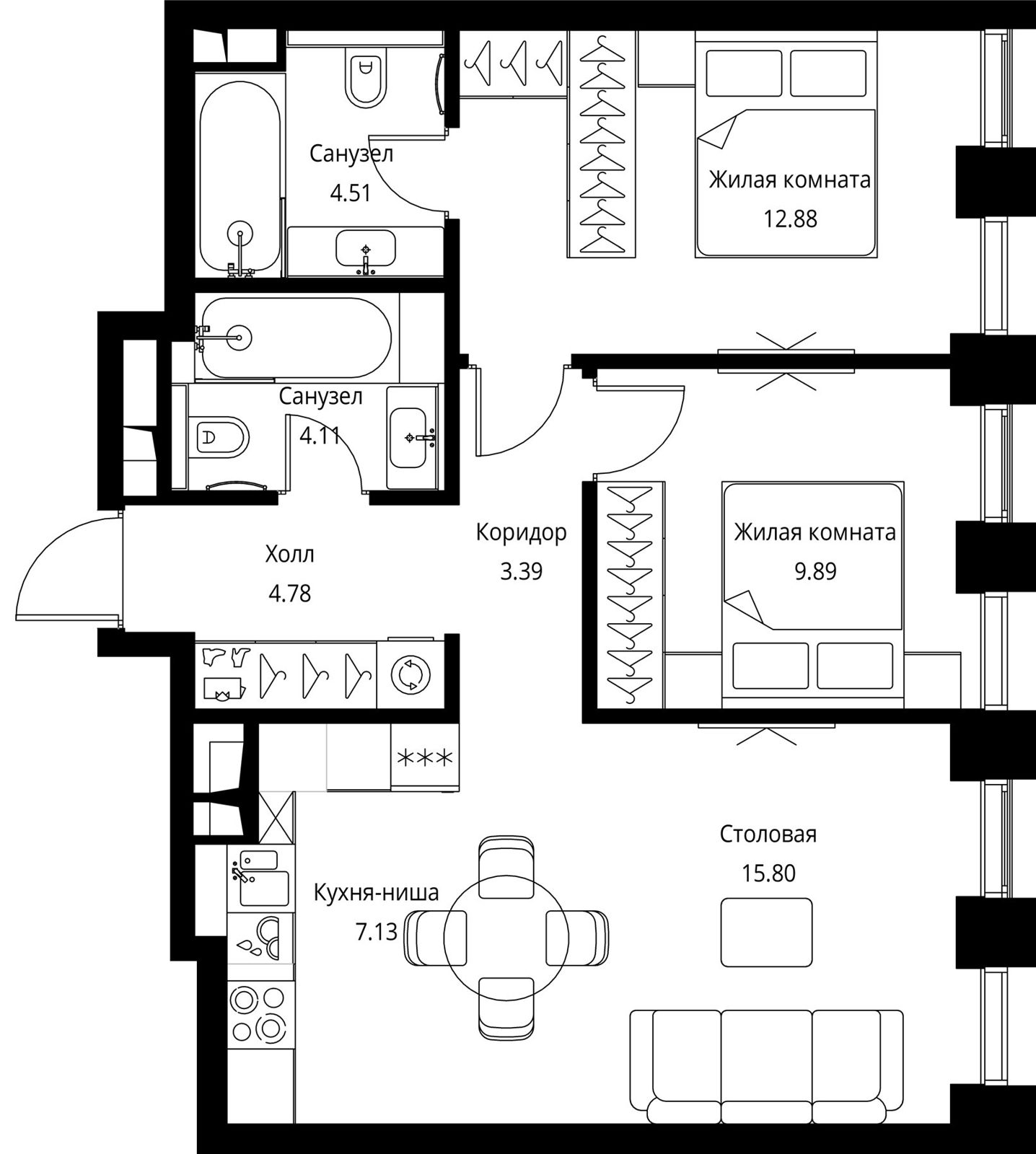 2-комнатная квартира, 62,5 м²