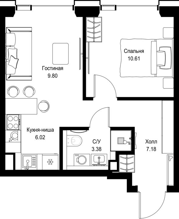 1-комнатная квартира, 37 м²