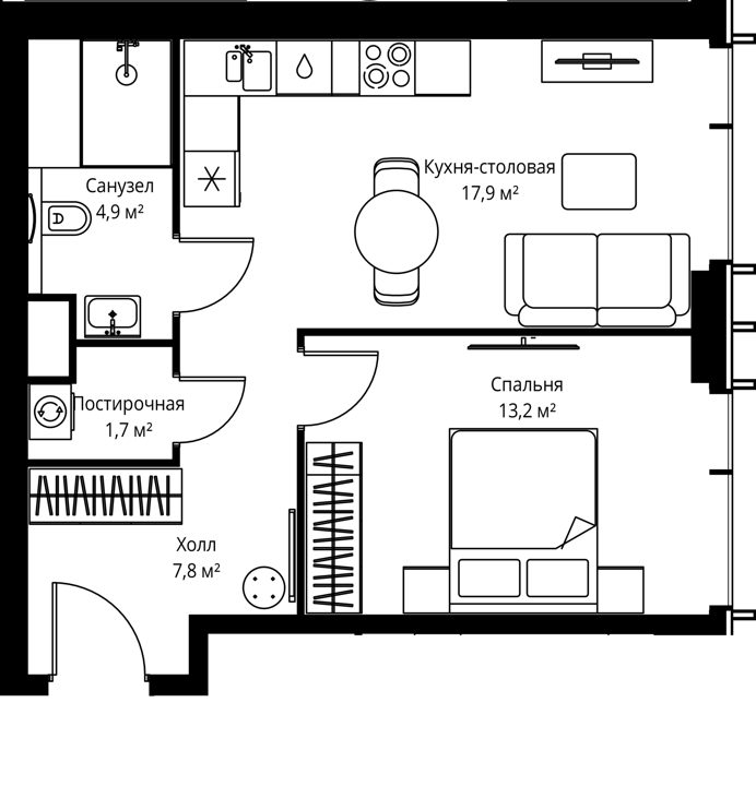 1-комнатная квартира, 45,5 м²