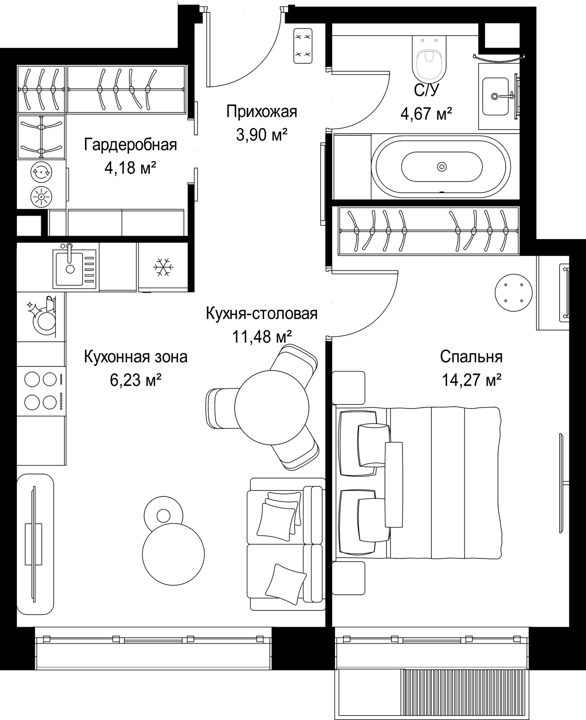 1-комнатная квартира, 44,7 м² — фото 1