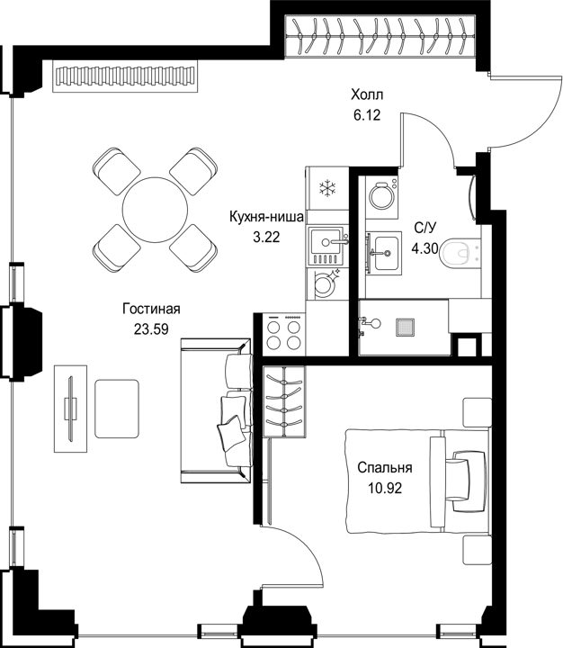 1-комнатная квартира, 48,1 м²