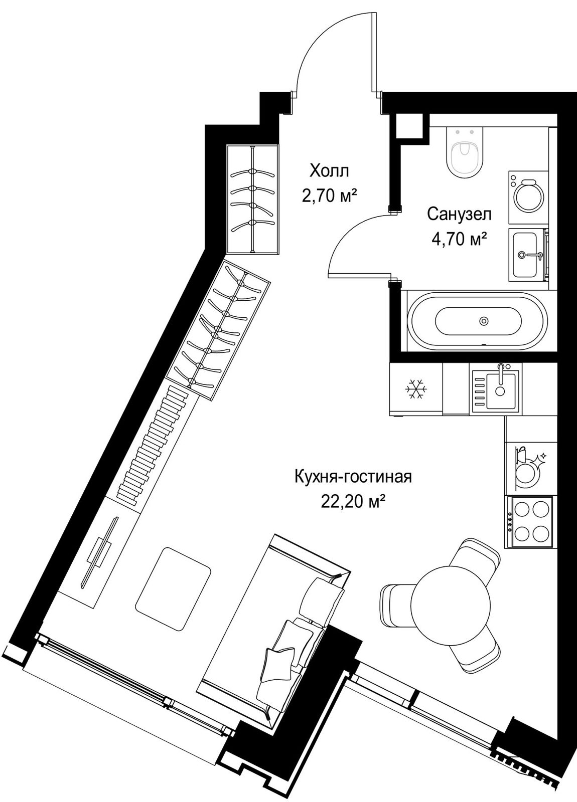 Квартира-студия, 29,6 м²