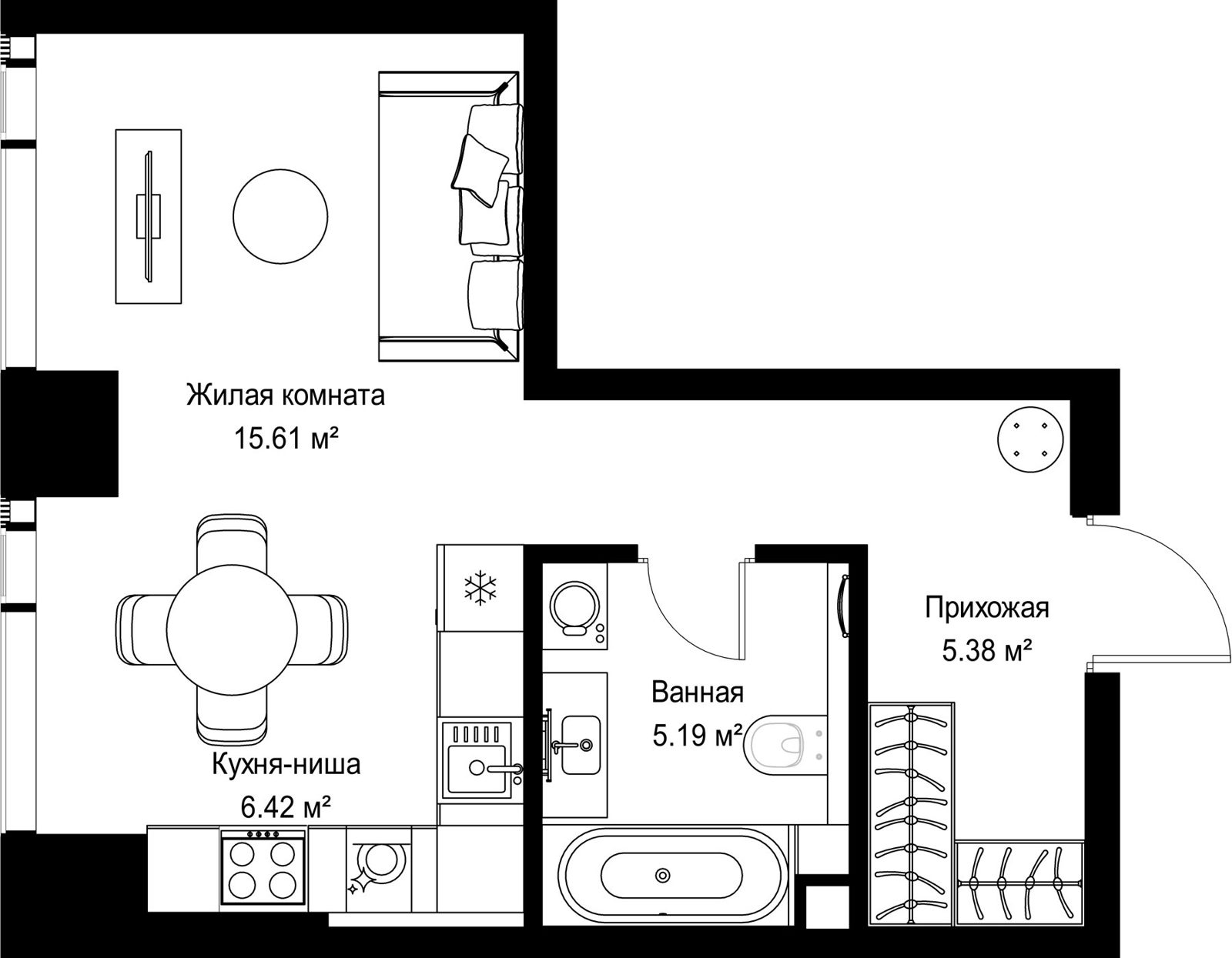 Квартира-студия, 32,6 м²