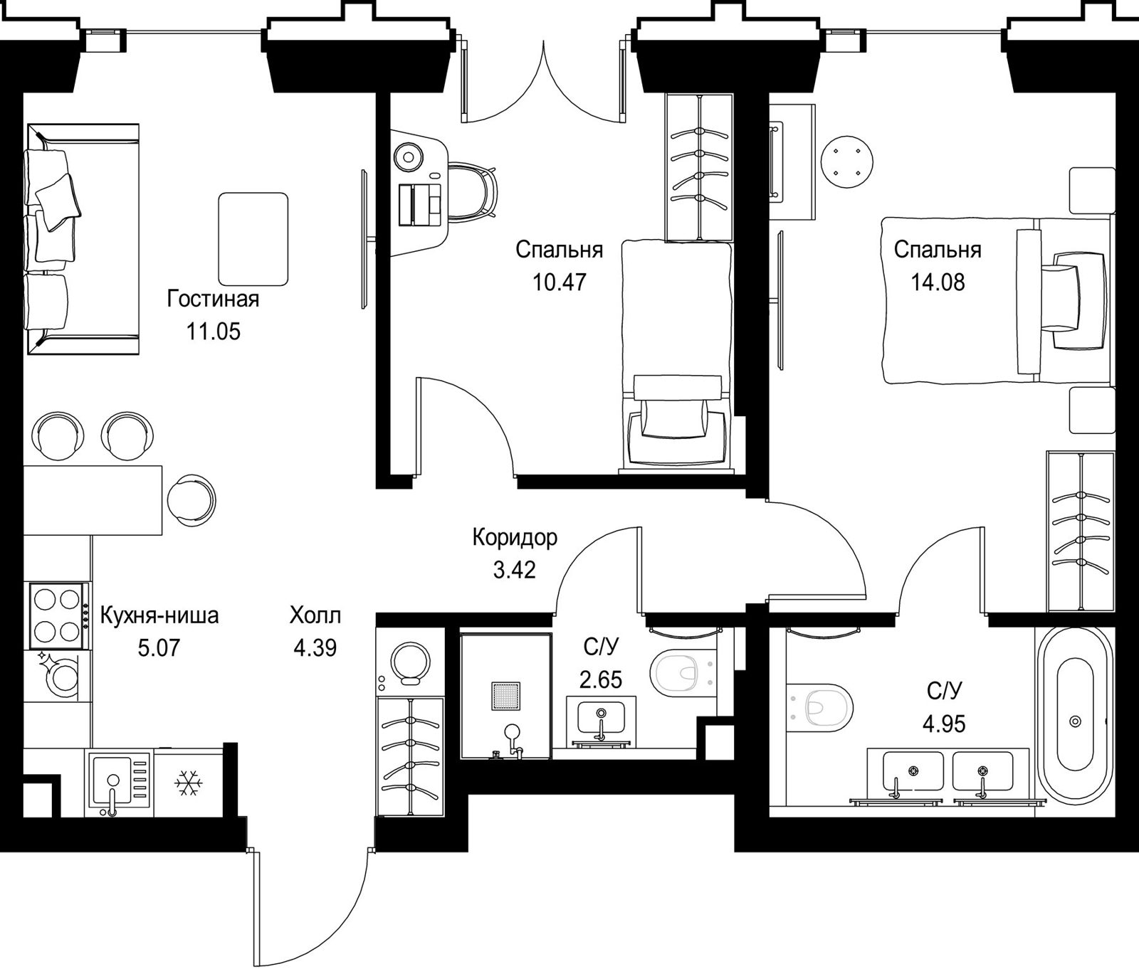 2-комнатная квартира, 56,1 м²