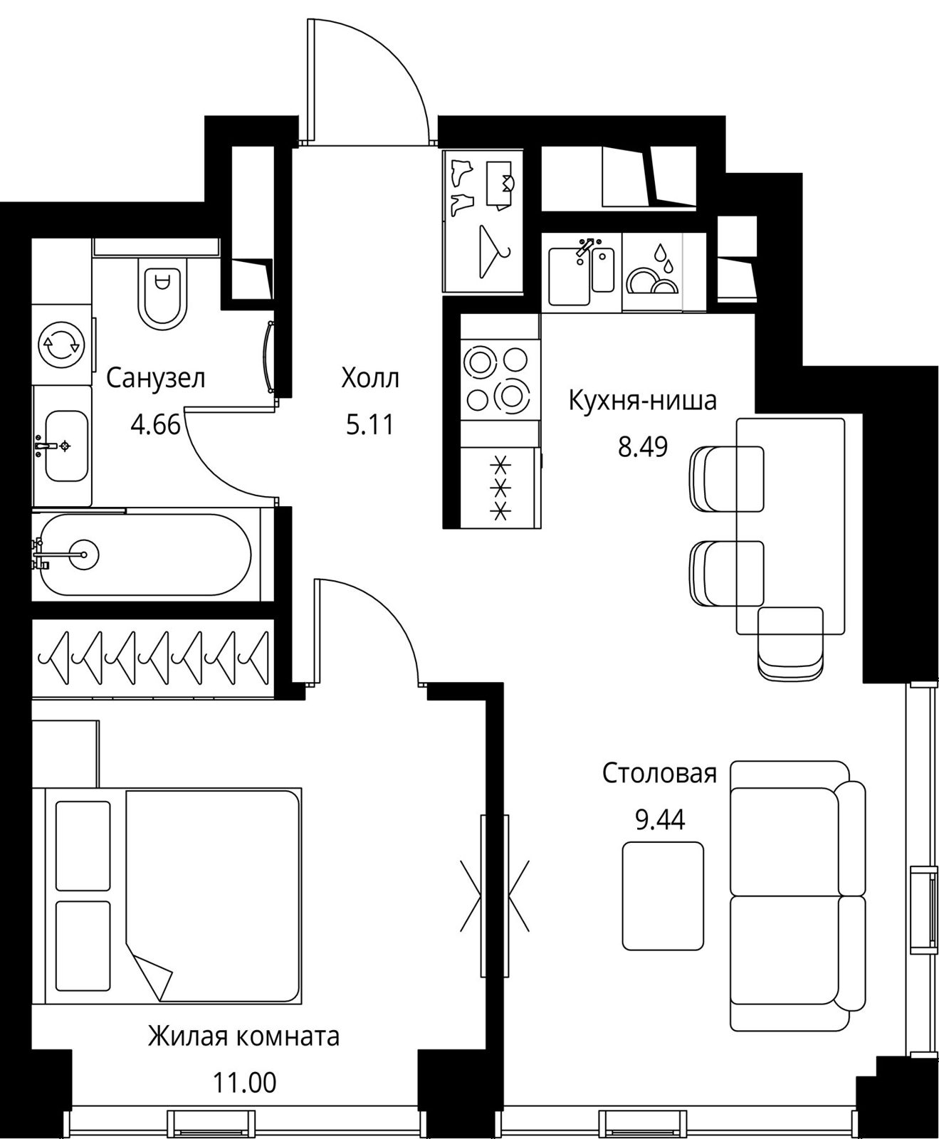 1-комнатная квартира, 38,7 м²