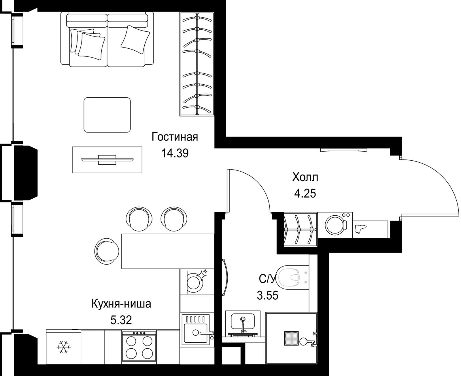 Квартира-студия, 27,5 м²