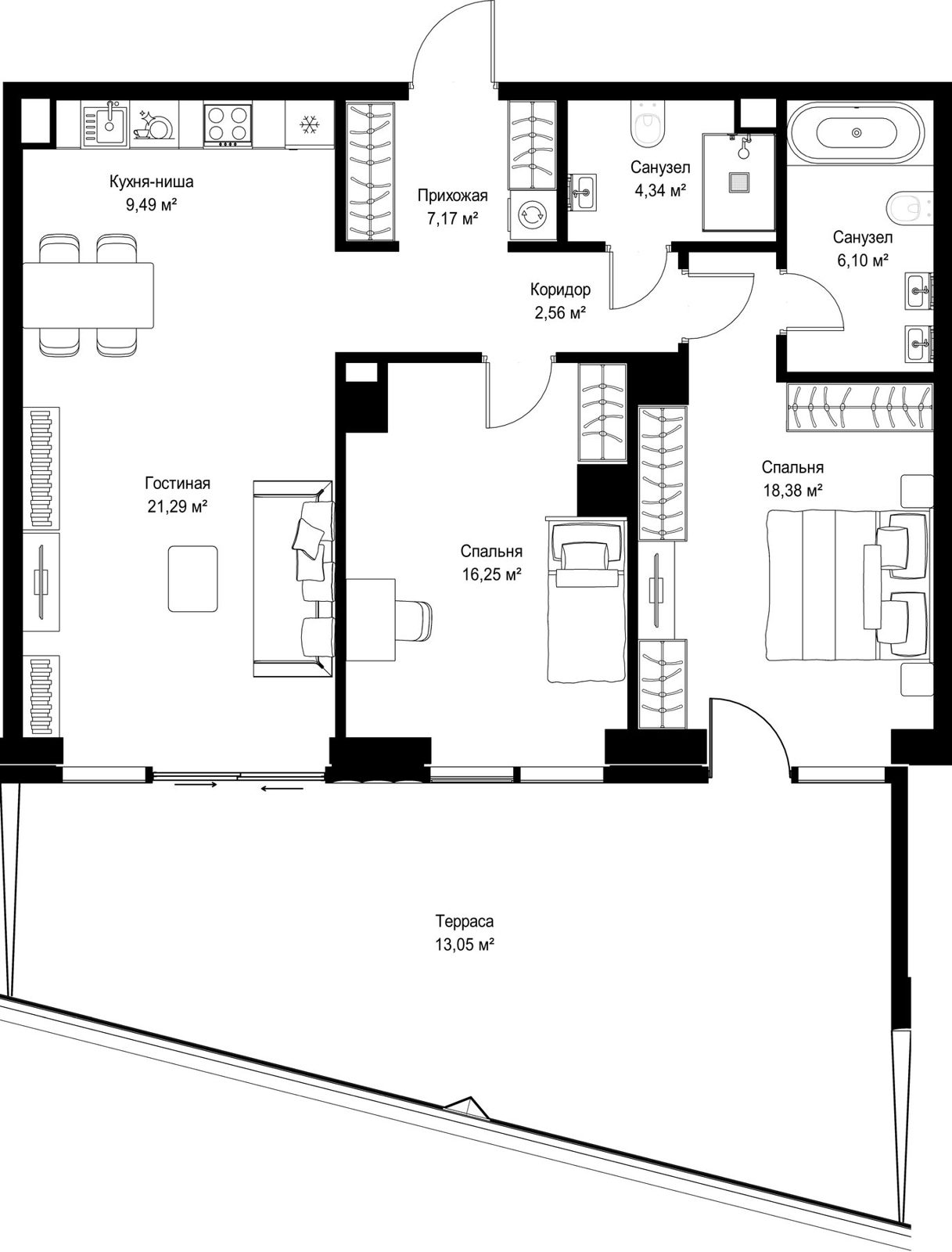 2-комнатная квартира, 98,6 м²