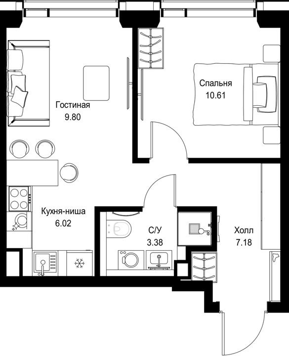 1-комнатная квартира, 37 м²