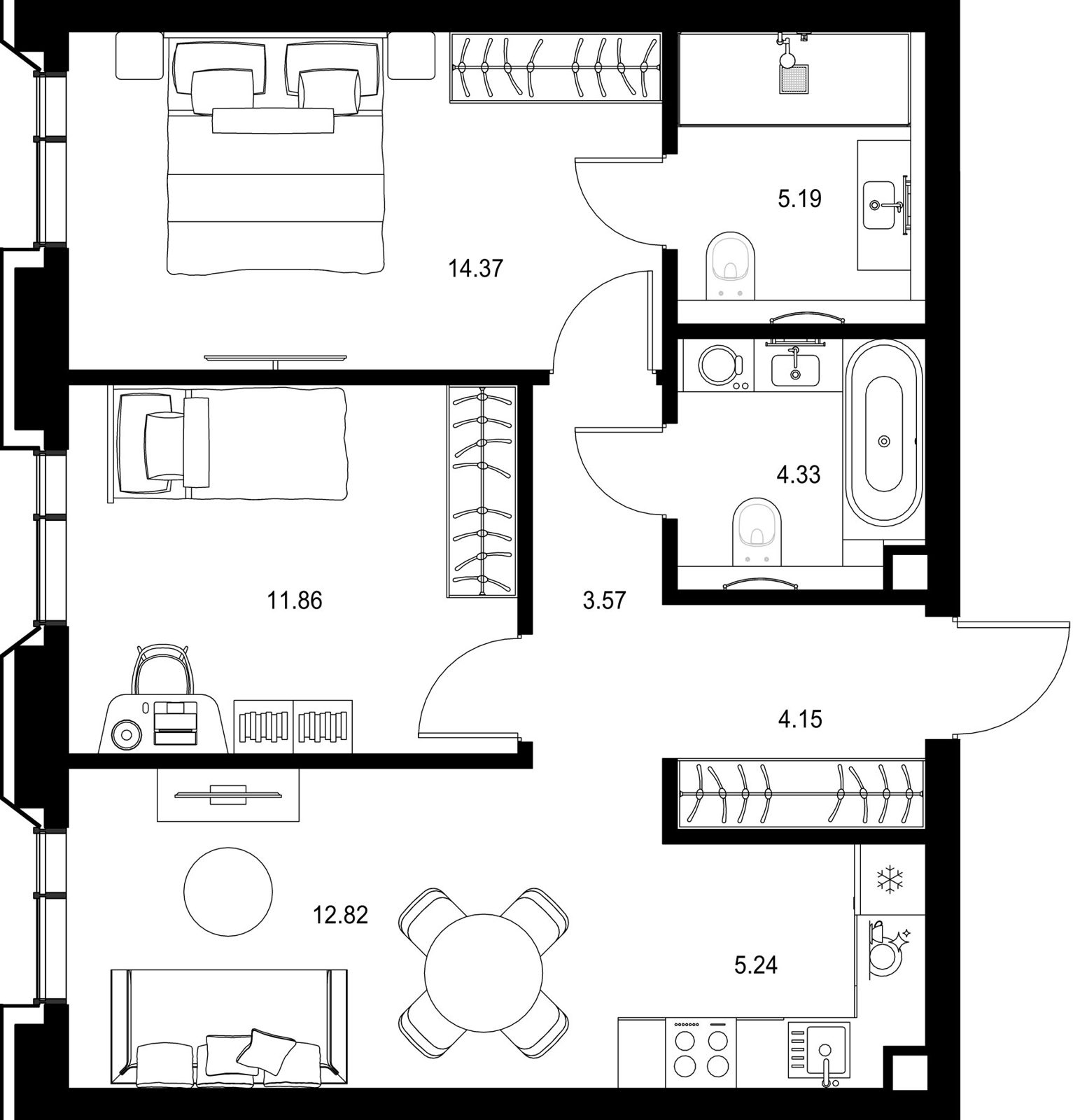 2-комнатная квартира, 61,5 м²
