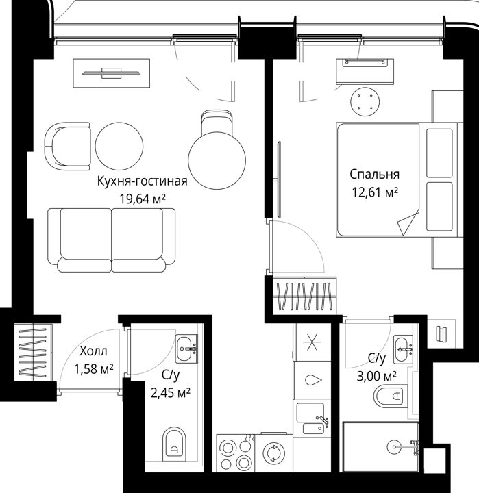 1-комнатная квартира, 38,7 м² — фото 1