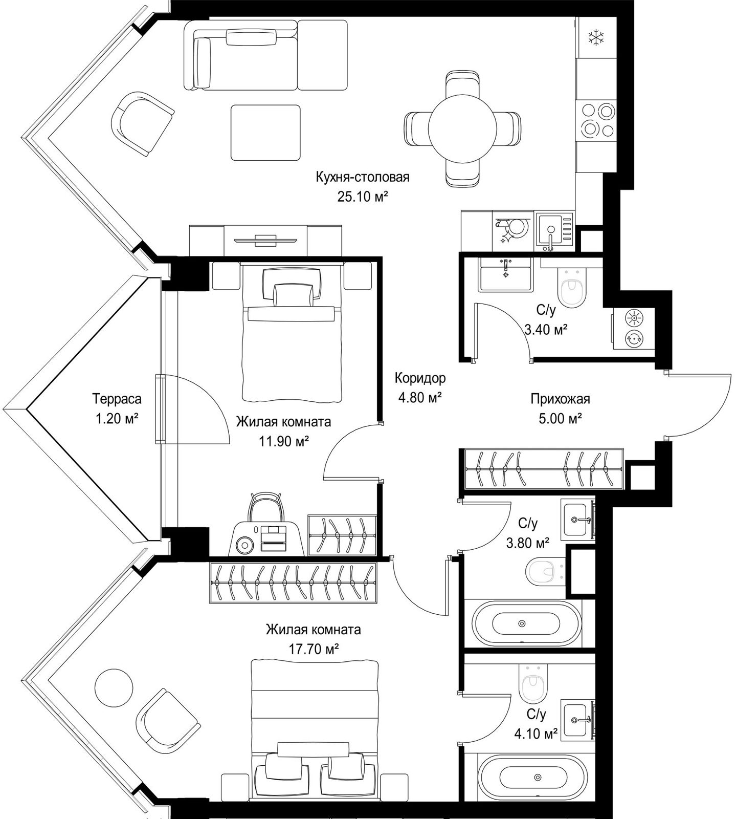 2-комнатная квартира, 77 м²