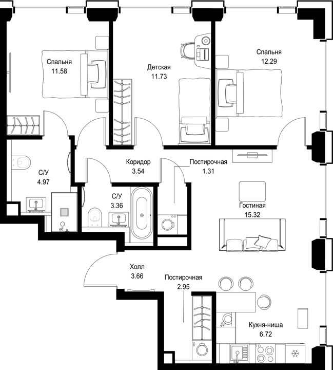 3-комнатная квартира, 77,4 м²