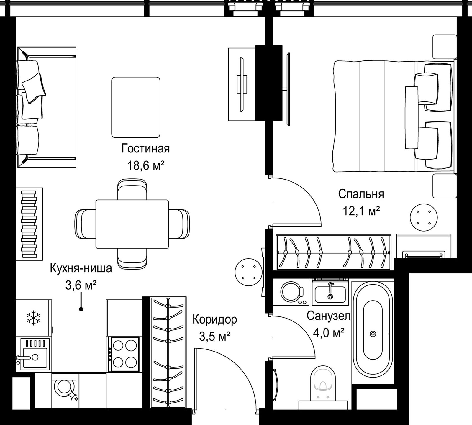 1-комнатная квартира, 41,8 м²